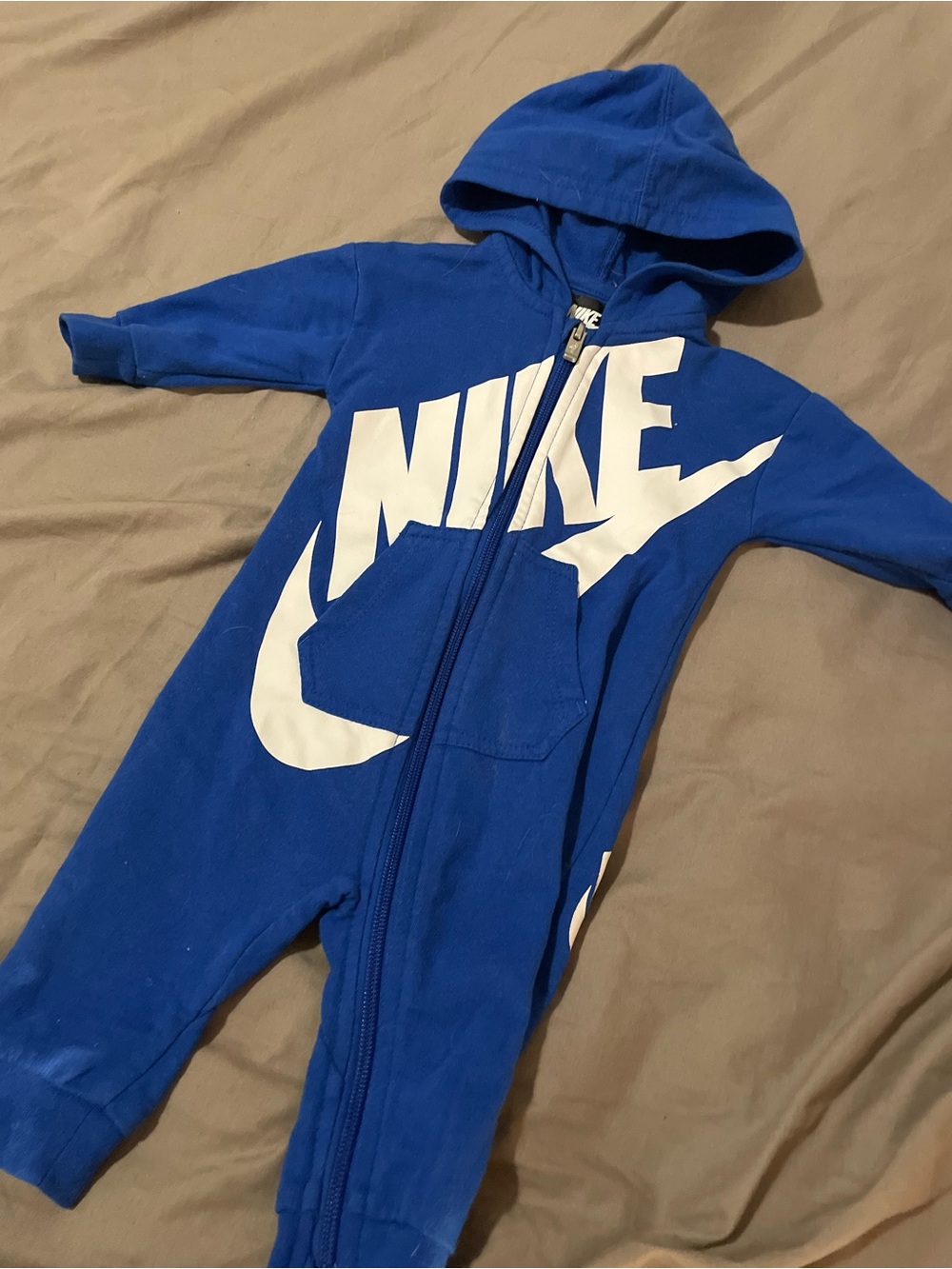 3/$30 Nike Blue Hooded Baby One-Piece Zip Romper